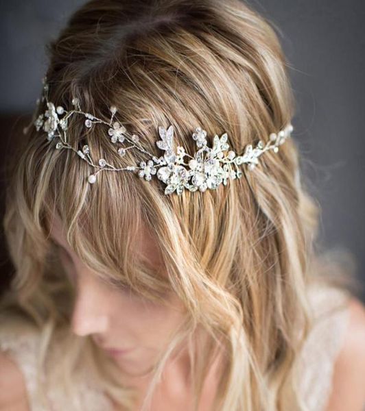 Fascia per capelli flessibile in argento oro rosa di alta qualità Fascia per capelli floreale con strass in cristallo Accessorio per capelli da sposa con perline a mano 1120471