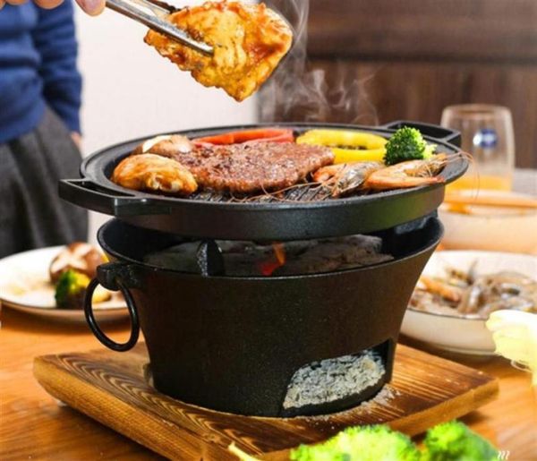 Grelhas de churrasco a carvão de ferro fundido portátil mesa para churrasco fogão estilo retrô chinês fogão de aquecimento panela de alumínio com almofada de madeira 07416195