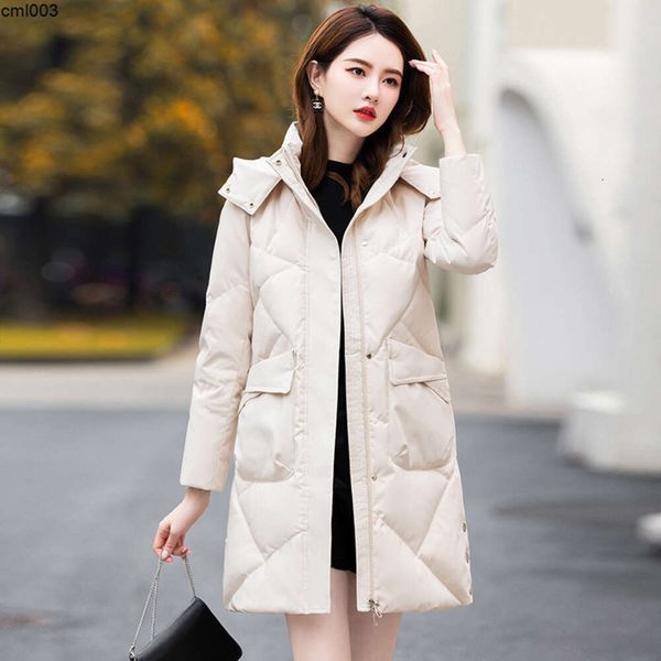 Nuovo popolare inverno cappotto con cappuccio in piumino d'anatra bianco da medio a lungo da donna Look sottile e caldo, grande fiore di peluche X9ml