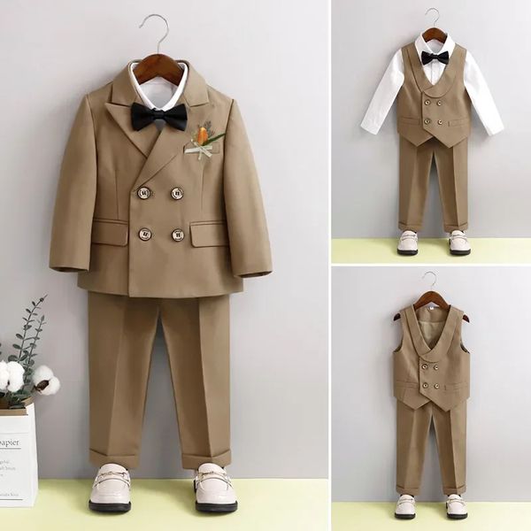 Bebek Erkek Doğum Günü Takımları Kahverengi Yakışıklı Çiçek Çocuk Düğün Kostümü Çocuk Piyano Performans Blazer Set Toddler Kıyafetler 6 8 10 Y 240313