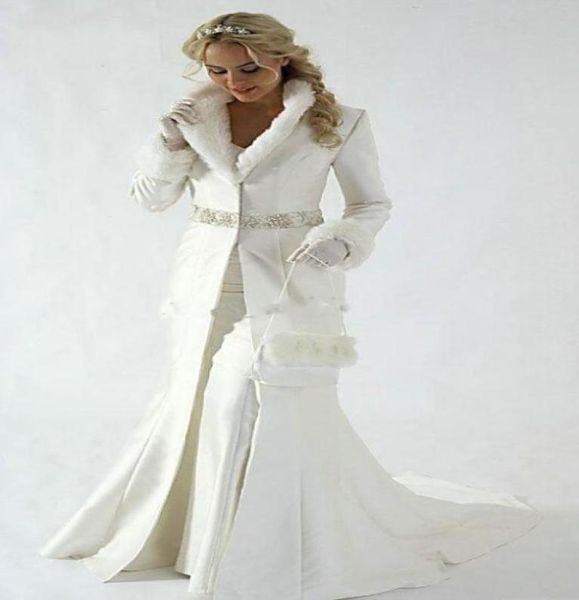 Lunghezza pavimento Donna Bianco Avorio Finta pelliccia Trim Inverno Natale Mantello da sposa Splendidi mantelli da sposa Con cappuccio Abiti lunghi da festa Giacca7399010