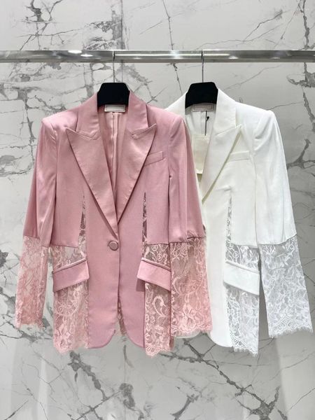 Ternos femininos elegantes rosa escritório senhoras jaqueta moda retalhos renda transparente blazer manga longa jaquetas de acetato branco