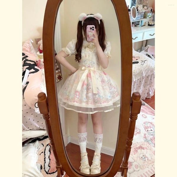 Abiti casual MAGOGO Sweet Lolita Style Colletto quadrato Stampa orso Abito JSK Donna Arco carino senza maniche Volant in pizzo Girly Kawaii