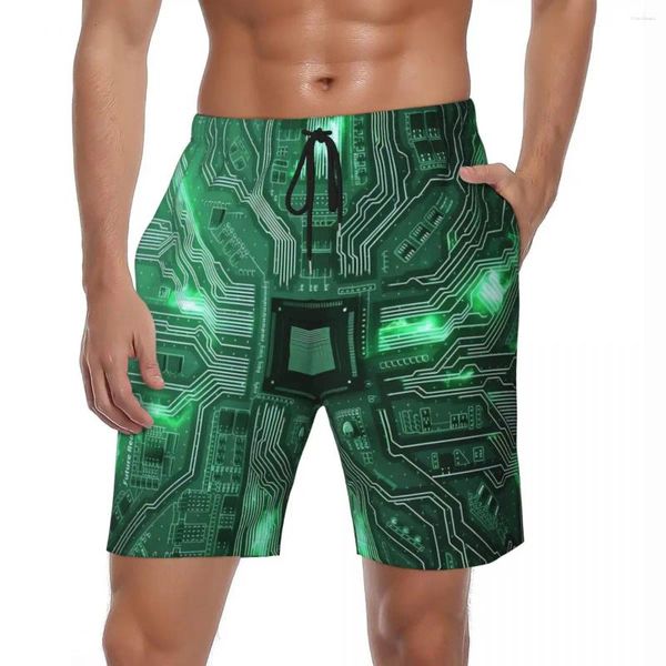 Shorts masculinos homens placa circuito gráfico 3d impressão elegante praia troncos chip eletrônico confortável correndo oversize