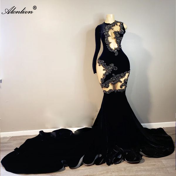 Beleza feminina preto trompete flormal vestidos de baile um ombro luxo rendas beadings rhinecrystals e pérolas veludo sereia oco senhoras vestidos de festa de baile