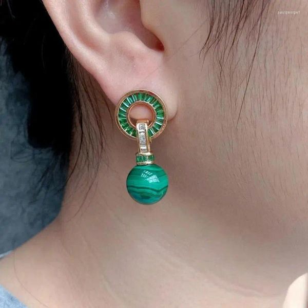 Orecchini a bottone Yygem Orecchino a goccia con pavé di pietre preziose verdi naturali da 12 mm di malachite rotonda con zirconi cubici