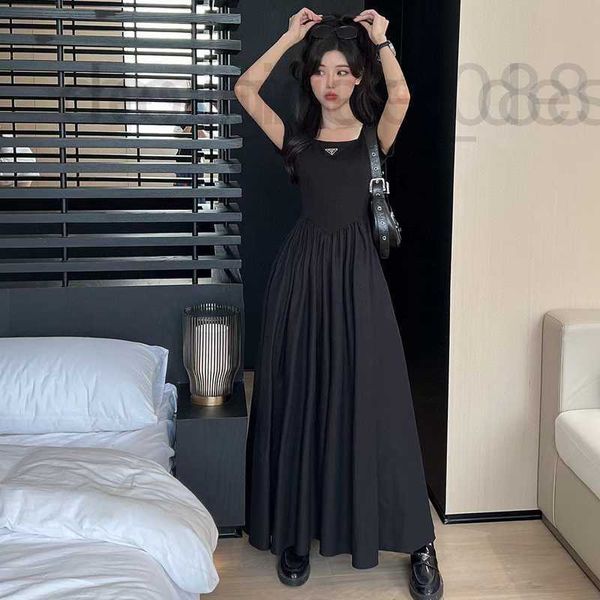 Vestidos casuais básicos designer designer verão novo estilo de celebridade francesa pescoço quadrado manga curta elegante e versátil, fino plissado preto longo 9xsc z9d9