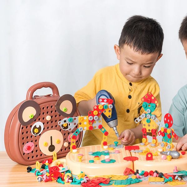 Crianças elétrica broca caixa de ferramentas perfurador jogos ferramenta brinquedo para meninos 4 6 anos de idade montessori parafuso quebra-cabeça criança fingir jogar brinquedos presente 240301