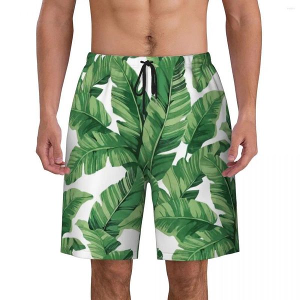 Pantaloncini da uomo con foglia di banana, stampa tropicale estiva, casual da spiaggia, abbigliamento sportivo, costume da bagno personalizzato ad asciugatura rapida