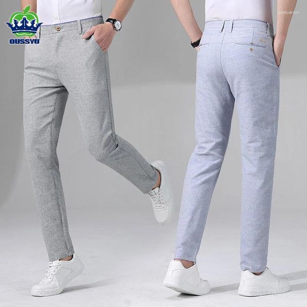 Calças masculinas 2024 verão respirável tecido de algodão casual homens fino estiramento reto cinza azul trabalho formal calças masculinas