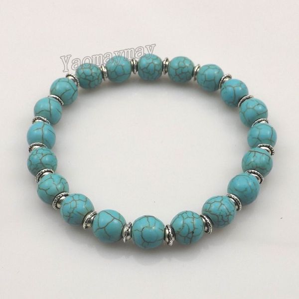 Dehnbare 8 mm türkisfarbene Perlenarmbänder mit silberfarbenen Zwischenperlen für Damen, 12 Stück, 288o