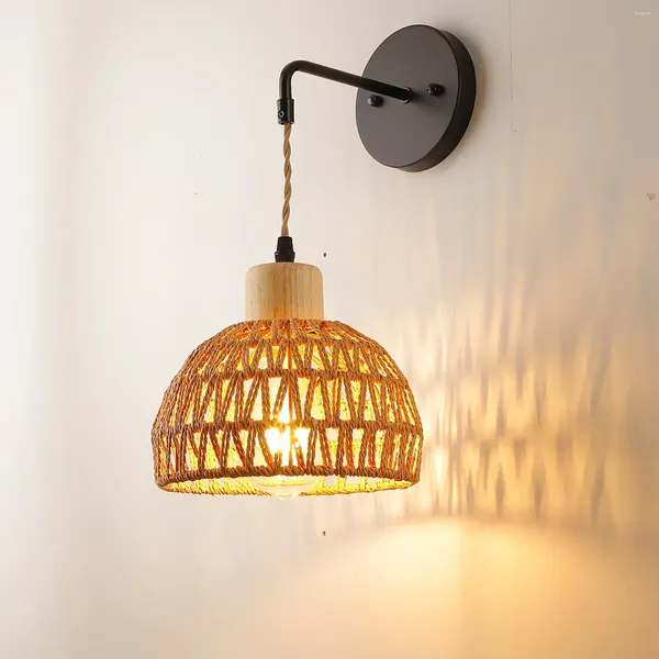 Lâmpada de parede led rattan quarto sala estar corda luz lâmpadas cabeceira vintage tecido luzes decoração iluminação interior