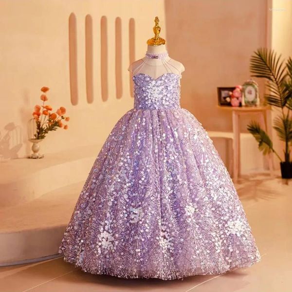 Abiti da ragazza Jill Wish Elegante lucido Dubai Abito lilla che borda la principessa Bambini Matrimonio Compleanno Festa Abito da ballo Santa Comunione 2024 J242