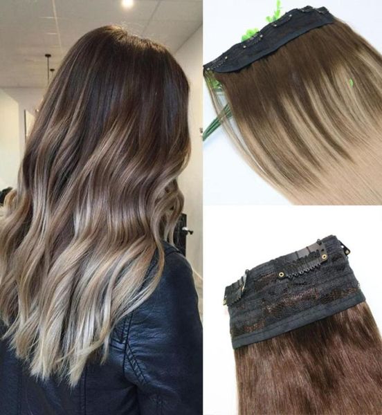 Ombre Ash Blonde com destaques quentes raiz marrom escuro clipe de uma peça em extensões de cabelo humano 5 clipes por peça virgem brasileira ha8056835