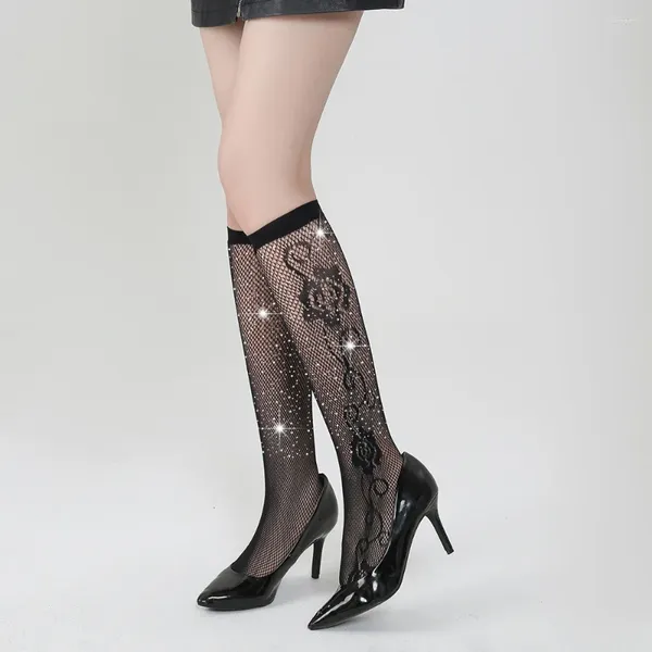 Donne calzini neri sexy sexy a tubo a tubo floreale compressione femminile in pizzo cavoca calzino grande altezza vedi attraverso calze a rete