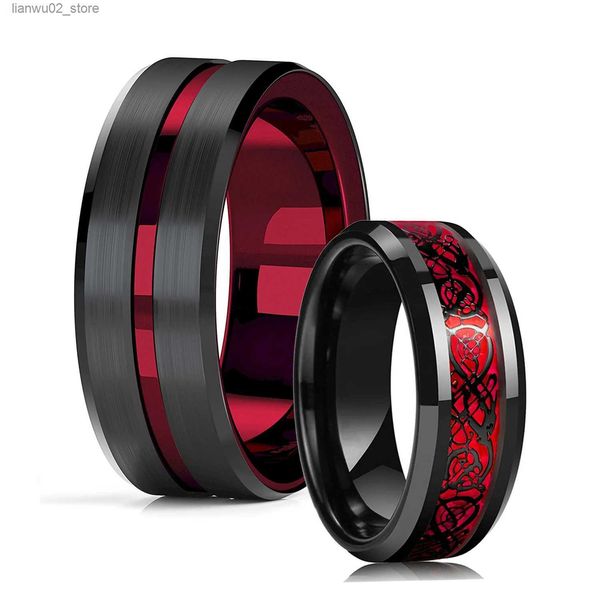 Anéis de casamento Moda 8mm sulco vermelho chanfrado anel de casamento de tungstênio preto para homens com dragão celta preto legal incrustado anel de fibra de carbono vermelho Q240315