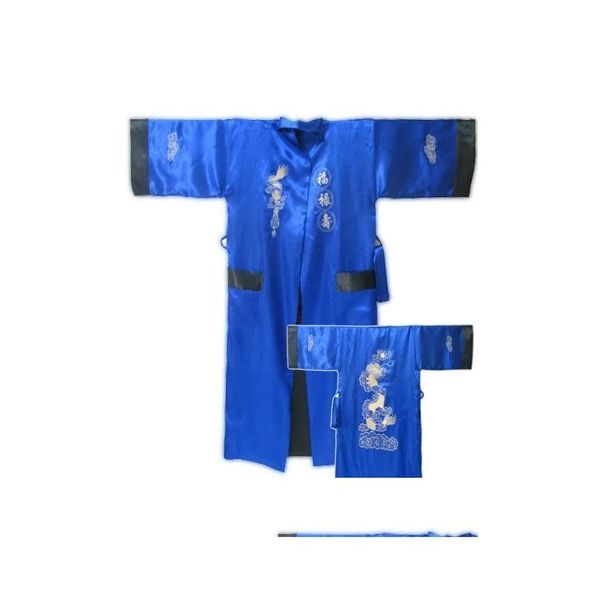 Homens sleepwear atacado enterrar preto chinês mens seda cetim robe dois lados camisola bordado dragão quimono banho vestido um tamanho dro dhy2p