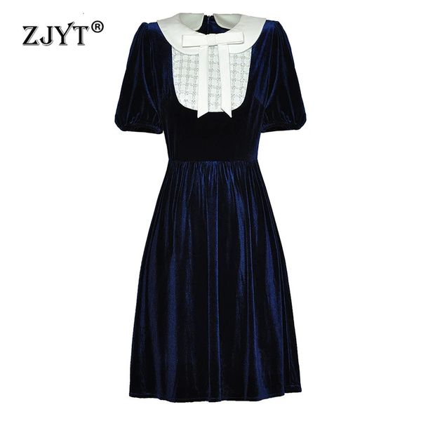 ZJYT Peter Pan Kragen Samt Kleider für Frauen Perlen Patchwork Vintage Blau Schwarz Party Kleid Runway Fashion Frühling 2024 240306