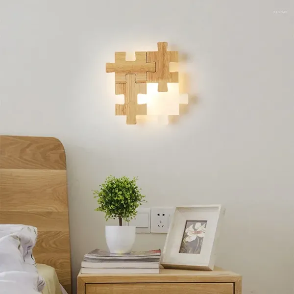 Wandleuchte Kombination Puzzle Persönlichkeit Kreative Massivholz Schlafzimmer ultradünne speziell geformte Lampen Nordic Nacht Aisle Led