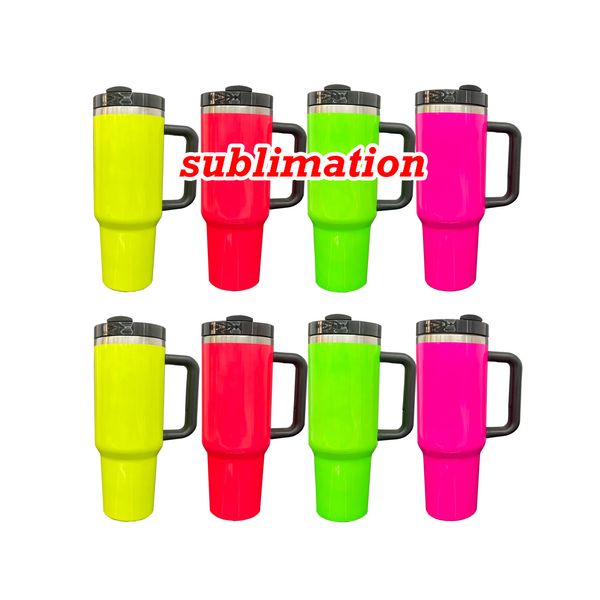 H2.0 30oz 40oz Neon-Quencher-Becher, vakuumisolierte doppelwandige neonfarbene Kaffeetassen mit großem Fassungsvermögen, Henkel und Strohhalm zur Sublimation, 20 Stück/Karton