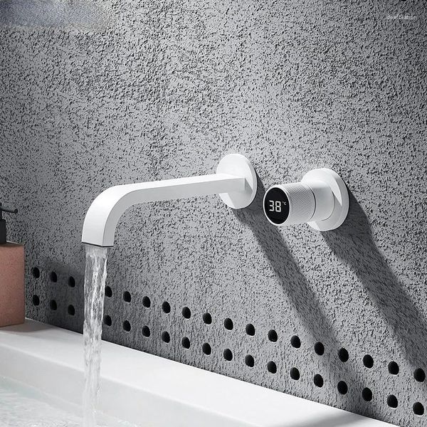 Rubinetti per lavandino del bagno Rubinetto a parete nero opaco con maniglia singola per lavabo con display a temperatura digitale montato su lavabo