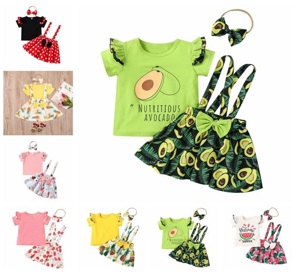 Crianças roupas de grife meninas conjuntos de roupas de verão polka dot voar manga tops suspender saia com bandana abacate floral macacão d3755961