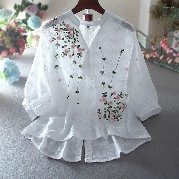 Blusas femininas elegantes e artísticas blusa rural feminina bordado renda puro algodão design curto frente longa volta com decote em v camisa feminina topo