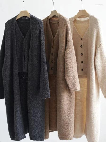 Calças femininas de duas peças elegantes com decote em V colete desabotoado longo cardigan conjunto de malha estilo suéter
