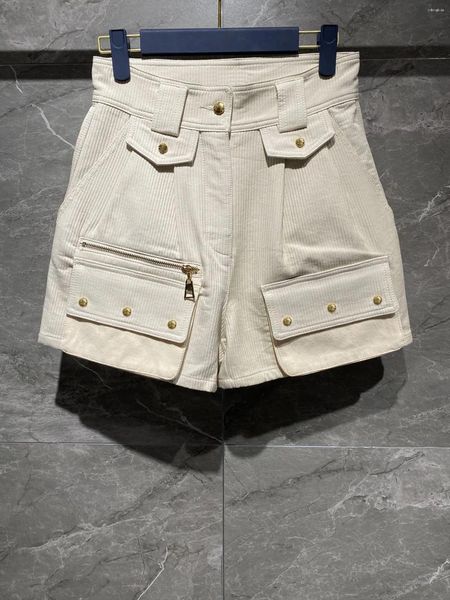 Shorts femininos grande bolso decoração embelezado cintura alta a linha larga perna calças versão do tipo moda tudo2024fall