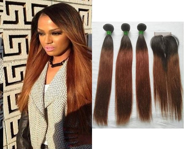 Dois tons preto marrom escuro ombre 1b33 brasileiro peruano malaio cabelo humano reto tecer ombre cor cabelo 3 pacotes com renda 7607183