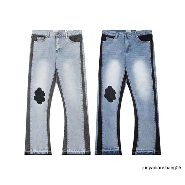Na moda de alta rua dos homens calças jeans moda designer azul denim queimado calça juventude rebite impressão remendo branco jean bordado meninos kecks