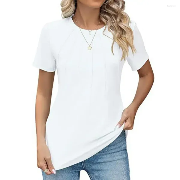 Camicette da donna Camicia da donna T-shirt in tessuto elastico Top estivo a pieghe alla moda O-Collo Manica corta T-shirt vestibilità ampia per casual