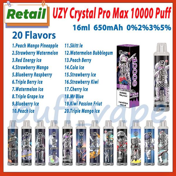 Varejo UZY Crystal Pro Max 10000 Puff Descartável E Cigarro 20 Sabores 650mAh Recarregável Bettery 16ml Pod Pré-preenchido 10k Puffs Vape Pen Kit