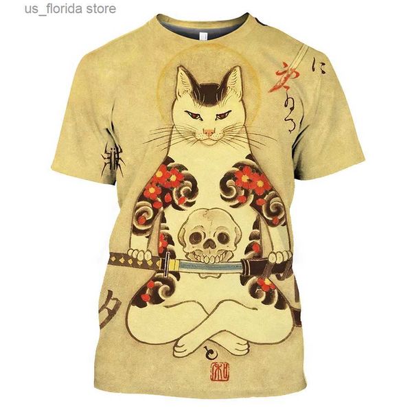Erkek tişörtleri vintage samurai kedi erkek tişört yaz o boyun erkek giyim üstleri unisex 3d baskı büyük boyutlu kısa sve kazak serin ts y240315
