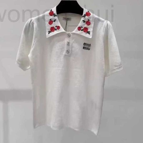 Женская футболка дизайнерская футболка-поло Miu с вышивкой розы, вязаная футболка с короткими рукавами и короткими рукавами, 24 года, весна/лето, футболка с воротником-поло, тонкий топ Slim Fit Bubble, DP8S