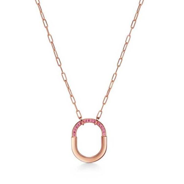 Designer Tjia tiffay e co S925 colar de prata esterlina nova versão alta bloqueio cabeça corrente rosa diamante em forma de u moda feminina colar simples