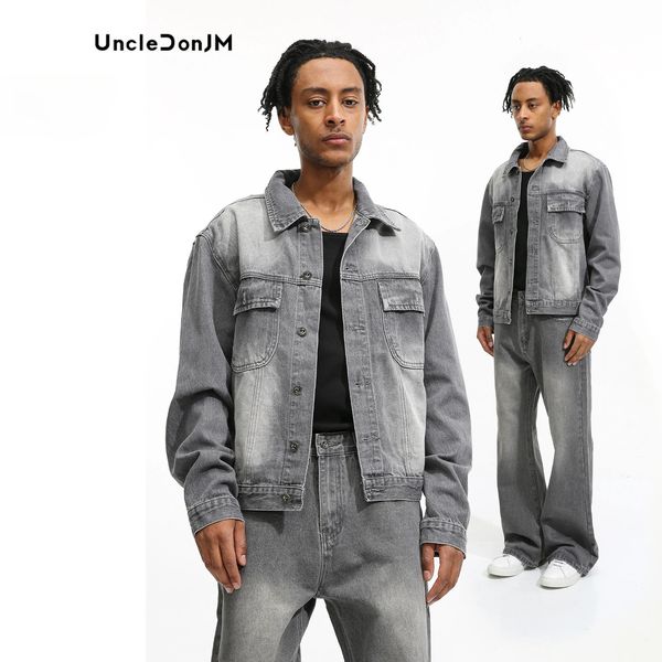 Set da uomo Arrivi Giacca di jeans e jeans larghi casual coreani con taglio bootcut e tuta da uomo grigia 240312