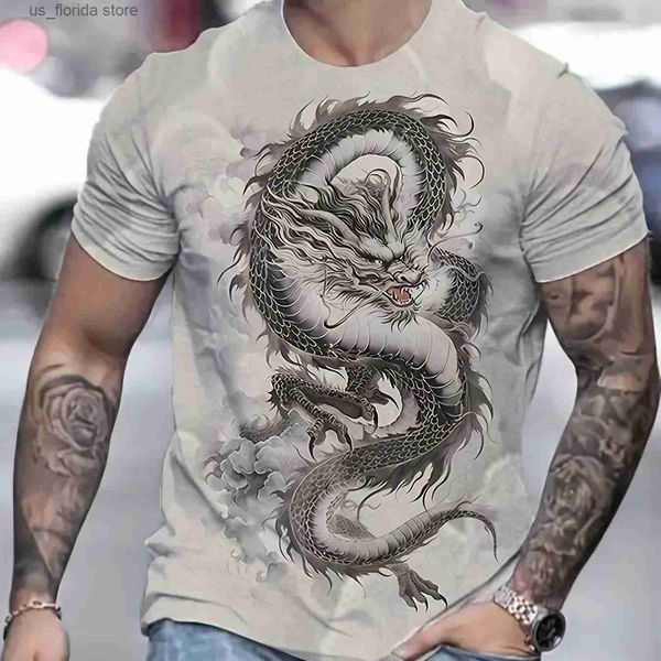 Мужские футболки Мужская футболка с принтом дракона Повседневные короткие топы 2024 Новогодняя одежда для мужчин Летняя модная толстовка с круглым вырезом Ts Y240315