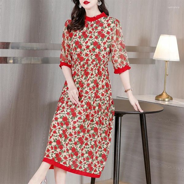 Parti Elbiseleri 2024 Kırmızı Floral Bodycon Doğal İpek Midi Prom Elbise Yaz Vintage Saten Baskı Sundress Zarif Kadınlar Akşam Vestidos