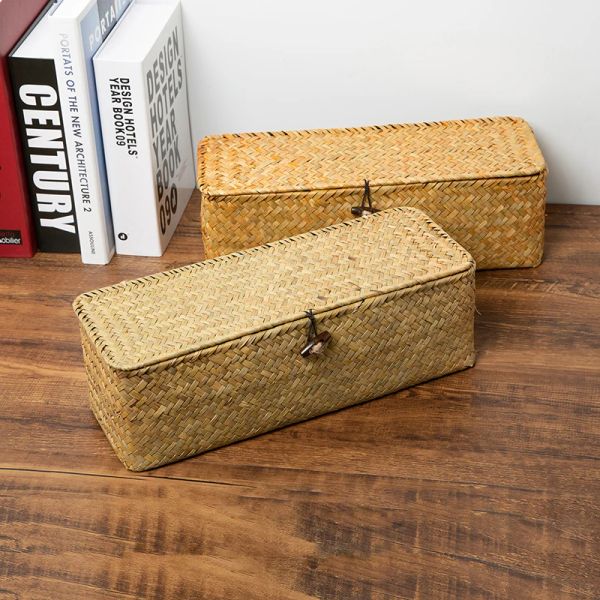 Körbe, natürlicher Aufbewahrungskorb, Stroh-Aufbewahrungsbox mit Deckel, handgefertigte Rattan-Aufbewahrungskörbe, Snack-Kosmetik-Organizer, Haushaltsbehälter