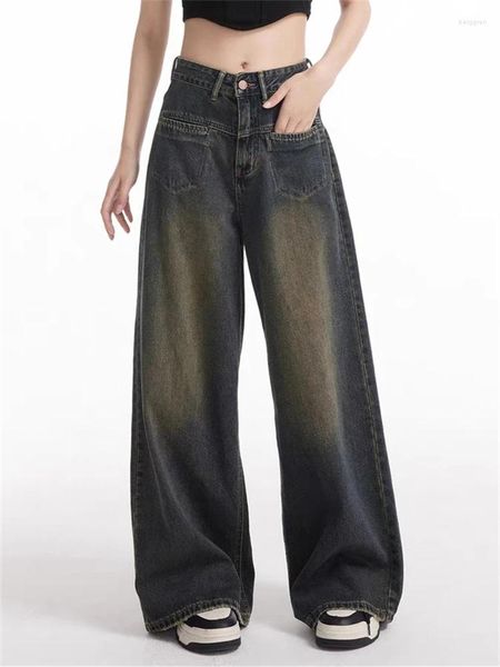 Calças de brim femininas estilo neutro perna larga bolso frontal design calças casuais vintage americano feminino calças jeans retas