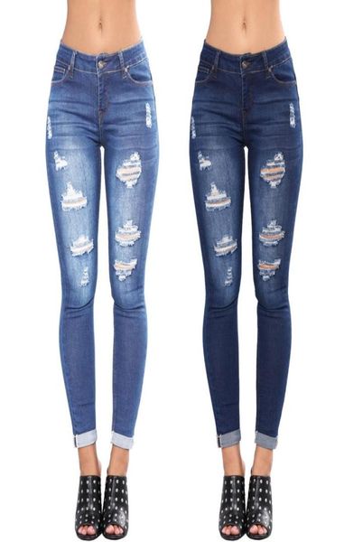 Completo estivo da donna Vita media Strappato attillato Nono jeans con orlo inferiore per ragazze Blu scuro Azzurro donna0394870924