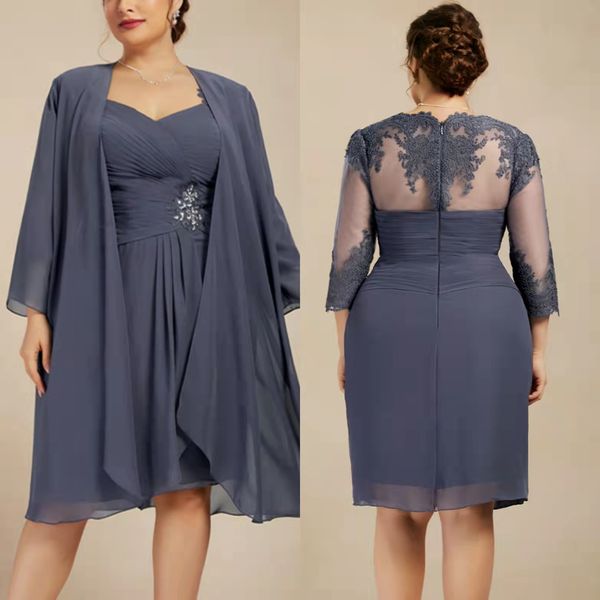 Kurze blaue Vintage-Kleider für die Brautmutter mit V-Ausschnitt und Wickelkleid, A-Linie, Chiffon, Spitze, knielang, Kleid für die Mutter des Bräutigams, Patenkleid für Frauen