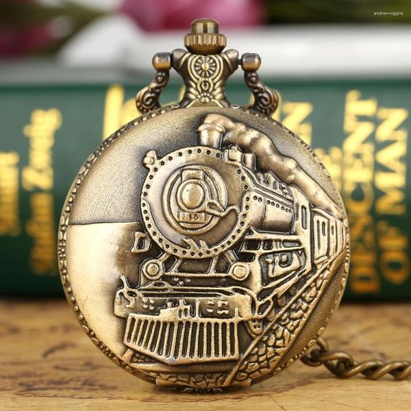 Relógios de bolso vintage moda trem a vapor bronze relógio com corrente analógico quartzo pingente colar masculino feminino relógio presente