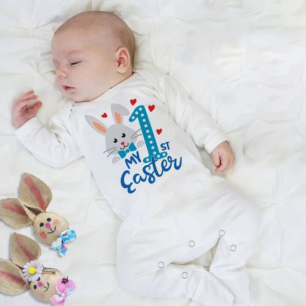 Minha primeira Páscoa recém-nascido pijama macacão coelho impressão bebê apertado terno de manga comprida macacão meninos e meninas conjunto de Páscoa 240315