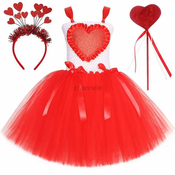 Vestidos da menina Meninas Valentine Tutu princesa vestido vermelho amor coração para crianças tule bola vestido traje para festa de aniversário infantil Natal 240315