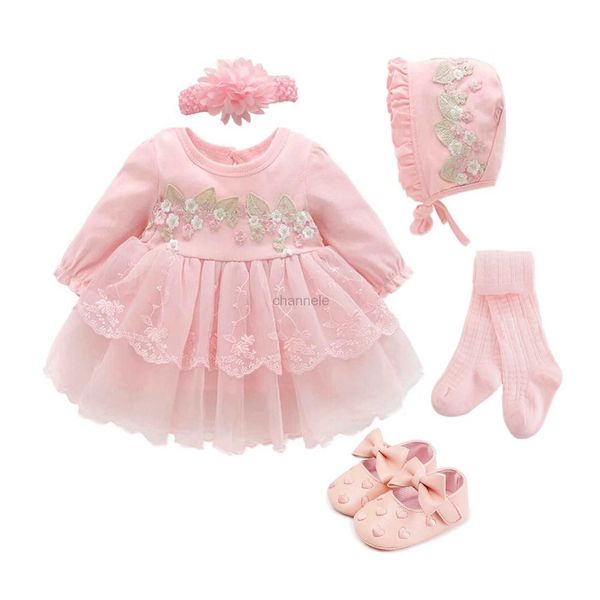 Vestidos de menina Vestidos recém-nascidos para meninas roupas para 0-3 meses conjunto vestido de festa trajes de aniversário 0-1 anos sapatos collants e meias longas de batismo 240315