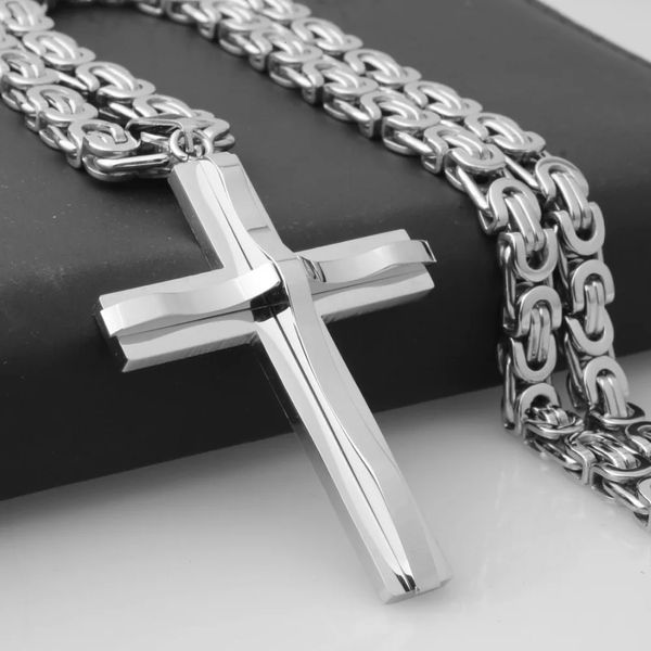 Venda de aço inoxidável cruz colares crucifixo pingente colar para homens vintage aço inoxidável 6mm corrente bizantina 240306