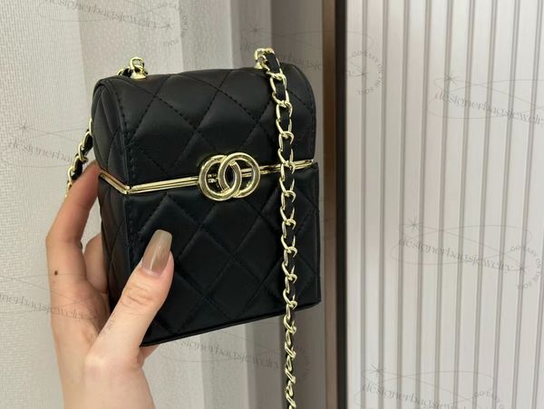 Damen-Ins-Zigarettenschachtel-Tasche, neue trendige Leder-Diamant-Kettentasche, modische Mini-Umhängetasche, 22p, Schwarzgold, Abendessen, kleine Box, Luxus-Designer-Tasche, Geldbörse