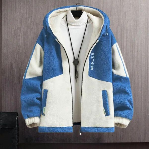 Jaquetas masculinas outono inverno jaqueta colorblock com capuz zíper fechamento cardigan grosso pelúcia quente manga longa casaco resistente ao frio